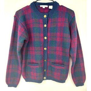 Vintage Jos A Bank Plaid Wool Cardigan Gold Button‎ Red Blue Medium